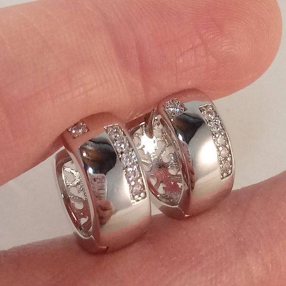 Men's Silver Plated Diamond Zircon Hoop Huggie Earrings 13x5mm Party Gift - Picture 4 of 5